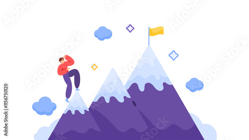 concept of ambition and striving for success. illustration of a man climbing towards a goal and a flag. striving to achieve a goal. challenges, obstacles and objectives. flat style design. elements
