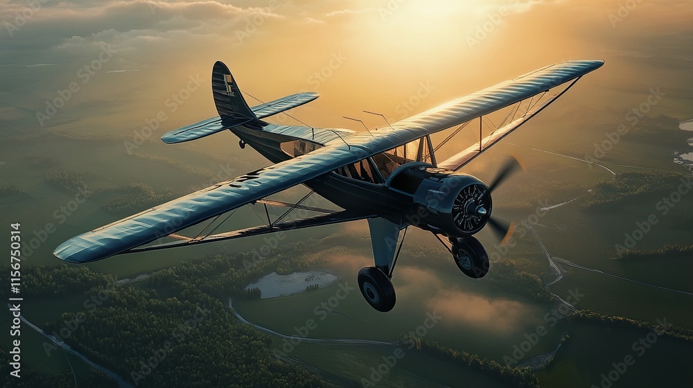 Fototapeta premium Vintage Airplane Flight over Scenic Landscape at Sunset