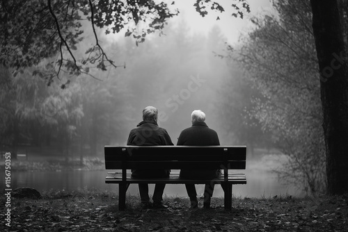 Black-and-white photography of two elderly people sitting on a bench in a park, with a misty atmosphere. It's foggy and cold outside