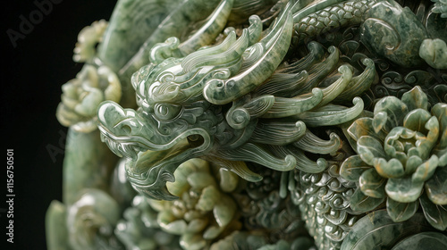 Sculpture traditionnelle chinoise en jade avec des motifs mythologiques et floraux