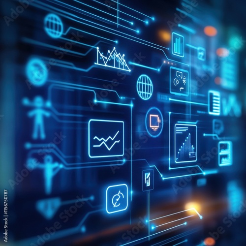 Abstract technology background featuring digital icons, graphs, and interconnected lines representing data analysis, artificial intelligence, and modern connectivity in blue tones