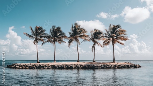 Four palm trees on a small island in calm turquoise water under a bright blue sky with fluffy white clouds.