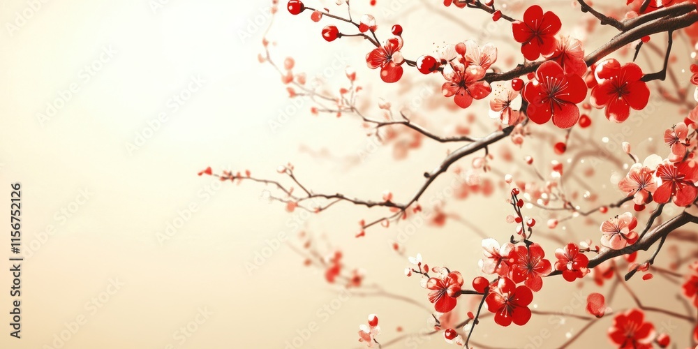 Naklejka premium Elegant Asian floral background featuring vibrant red blossoms and blank space ideal for personalized text or branding messages