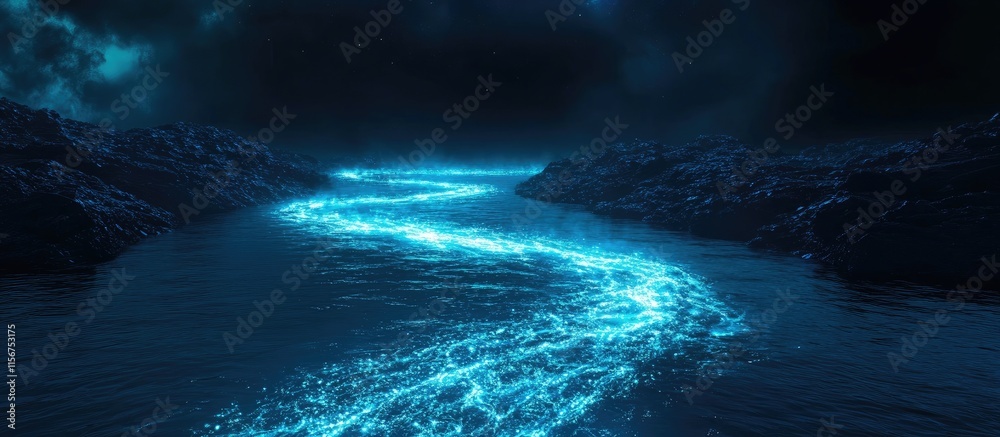 Fototapeta premium Neon illuminated river waves in a darkened atmosphere creating a serene and mystical ambiance suitable for text overlay.