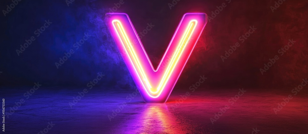 Glowing Neon Letter V Sign with Vibrant Colors in Dark Atmosphere Perfect for Creative Text and Branding Backgrounds Glowing Neon Letter V Sign with Vibrant Colors in Dark Atmosphere Perfect for Creative Text and Branding Backgrounds