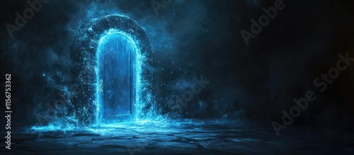 Magical Blue Illuminated Portal in Dark Environment with Copy Space for Text or Design Elements photo