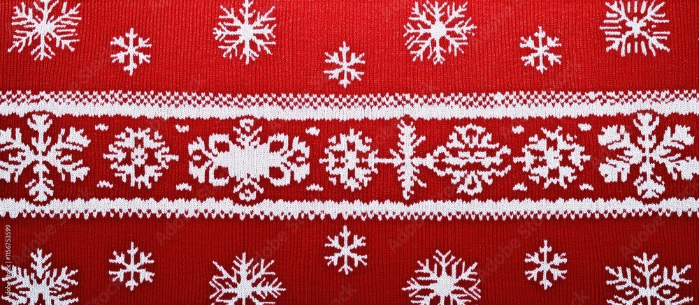 Festive red sweater pattern with white snowflakes ideal for holiday promotions and gift packaging copy space for messages or greetings Festive red sweater pattern with white snowflakes ideal for holiday promotions and gift packaging copy space for messages or greetings