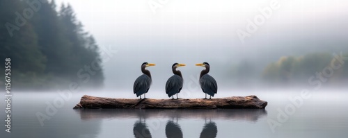 Three cormorants perched on a log in a misty lake.