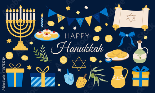 A collection of Hanukkah symbols and decorations. The Hanukkah symbols include a menorah, dreidel, and a cup of oil