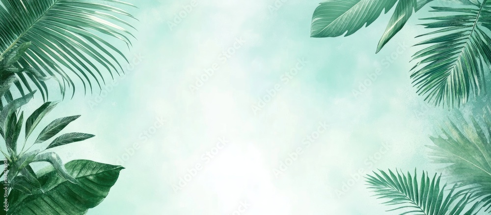 Tropical Palm Leaves Bouquet Underwater Abstract Background with Soft Brush Strokes and Empty Copy Space for Text Tropical Palm Leaves Bouquet Underwater Abstract Background with Soft Brush Strokes and Empty Copy Space for Text