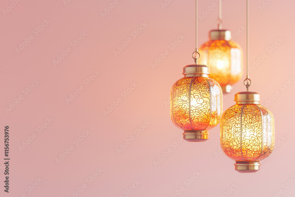 Elegant lanterns with gold and orange glow on pink background Elegant lanterns with gold and orange glow on pink background