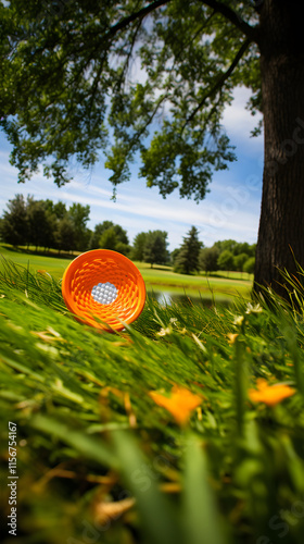 Dynamic Mid-Flight Scene of a DD Disc Golf Game in a Lush Green Course With Intense Spectator Anticipation photo