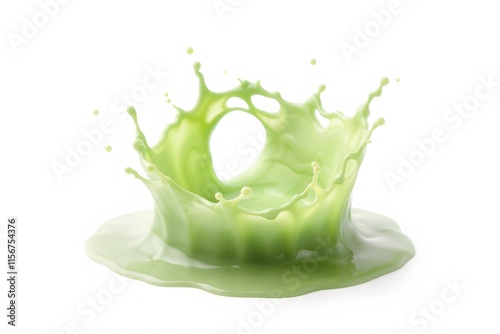 A splash of green liquid creating a dynamic, fluid shape against a white background.