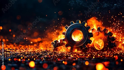 Dynamic gears and cogs surrounded by flames and glowing embers create powerful industrial scene, evoking energy and motion against intense fiery background.