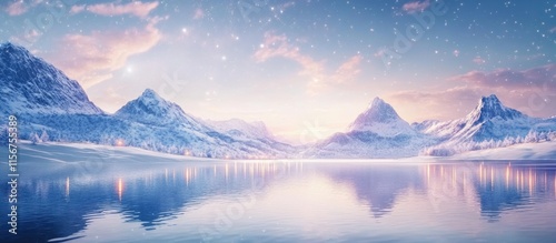 Serene fantasy winter lake scene with snow-capped mountains and sparkling waters under a magical sky featuring ample copy space for text photo