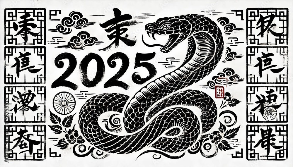 Fototapeta premium Chinese Zodiac Snake Sign - Year of the Snake - Cycle of Animals and Chinese Calendar - Asian Zodiac and Astrology - New Year Animal - Water, Earth, Wood, Metal and Fire - Ink Painting
