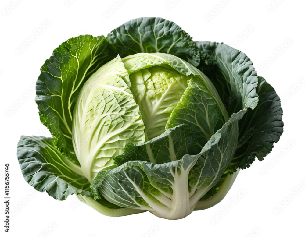 Fototapeta premium Fresh Green Cabbage Isolated on Transparent PNG Background.