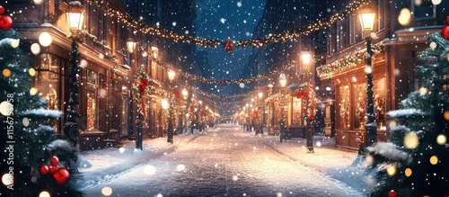 Charming Winter Wonderland Street with Snowy Festive Lights and Storefronts Ideal for Holiday Greetings and Text Customization