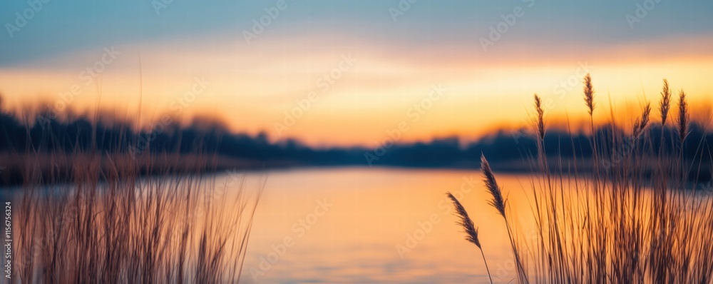 Serene river landscape at sunset with tall grasses along the shore. Serene river landscape at sunset with tall grasses along the shore.