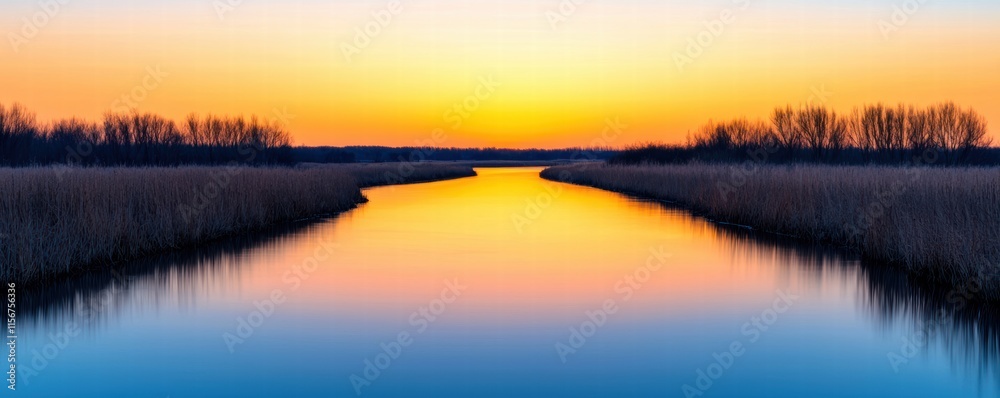 Naklejka premium Sunset reflecting on a peaceful river surrounded by tall grasses.