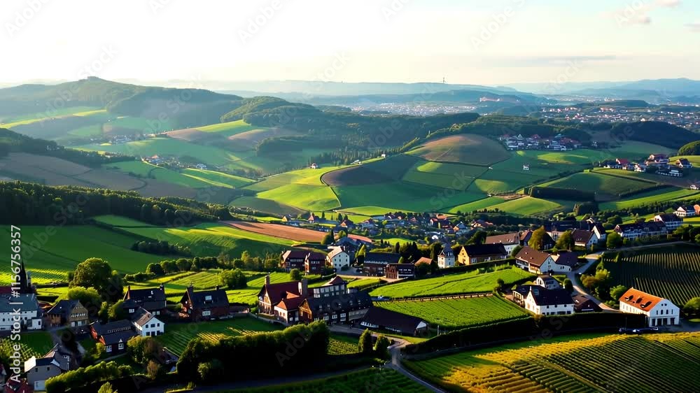 Aerial footage captured by a drone reveals expansive European fields, showcasing lush greenery, golden crops, and winding paths under a serene sky.