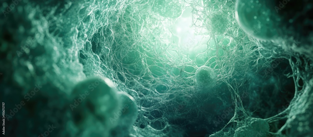 Fototapeta premium Endocycles abstract cellular background with illuminated chamber and space for text showcasing biological structures and patterns