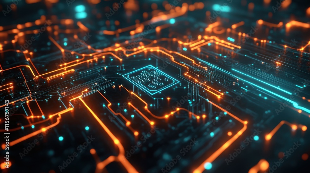 Abstract Futuristic Circuit Board Design Glowing Orange and Cyan Digital Technology Network High Tech Abstract Futuristic Circuit Board Design Glowing Orange and Cyan Digital Technology Network High Tech