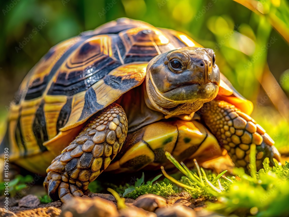 Naklejka premium Testudo graeca Action Shot: Close-up of Greek Tortoise in Natural Habitat - Wildlife Photography