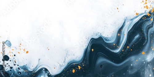 Fototapeta Fluid acrylic pouring abstract art in blue gold and white with a marble effect and negative space for creative design projects.