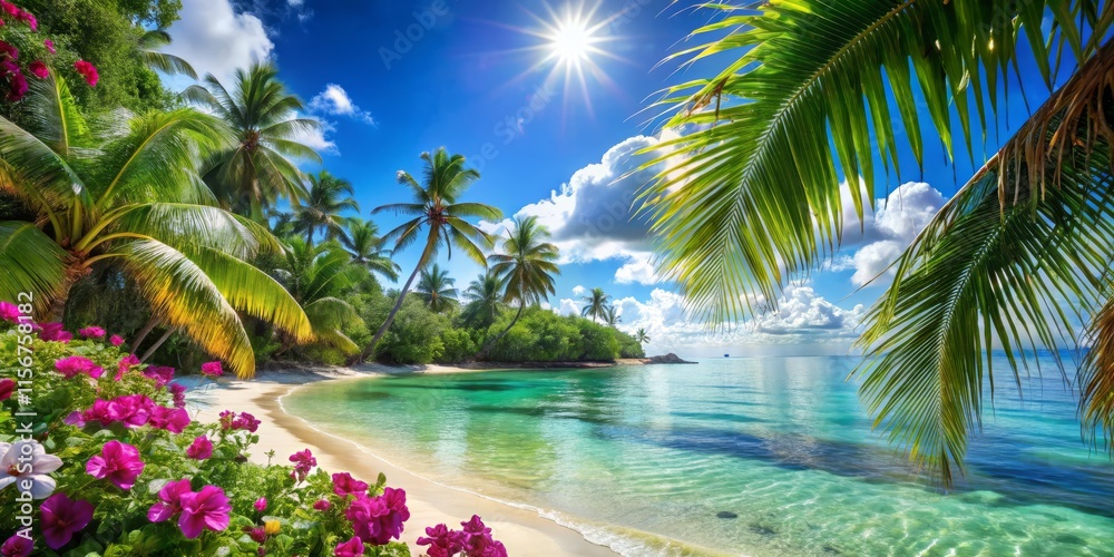 Fototapeta premium Tropical Paradise: Worm's Eye View of Pristine Beach & Turquoise Sea - Vacation Getaway