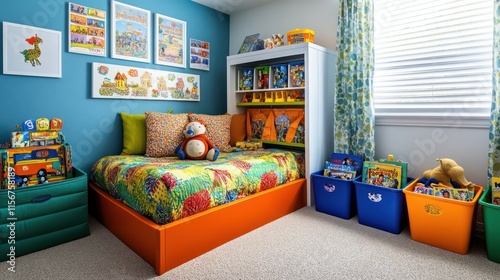 A colorful and cheerful bedroom featuring a vibrant reading nook, themed bedding, and organized toy bins