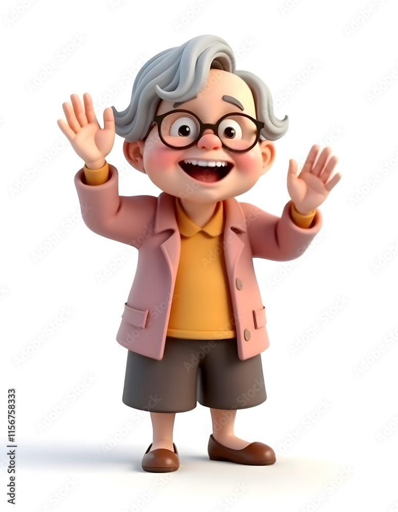Joyful Cartoon Granny 3D Model Happy Pose Pink Jacket