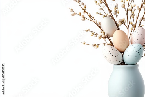 A beautifully arranged collection of pastelcolored Easter eggs is gently nestled among delicate branches, evoking a sense of springtime renewal and festive cheer within a peaceful and serene setting photo