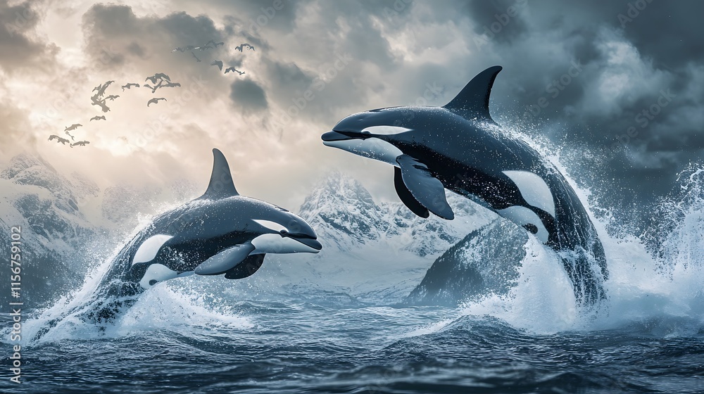 Obraz premium Two Orcas Leap From Ocean Waves Near Snowy Mountains