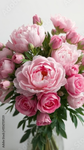A vibrant bouquet of pink peonies and roses, ample copy space, pastel,stock photo,vibrant