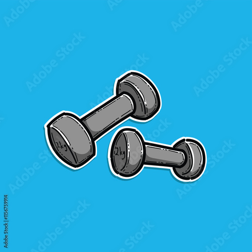 Cartoon illustration of a pair of gray dumbbells on a solid blue background, perfect for representing fitness, strength training, and gym related themes.