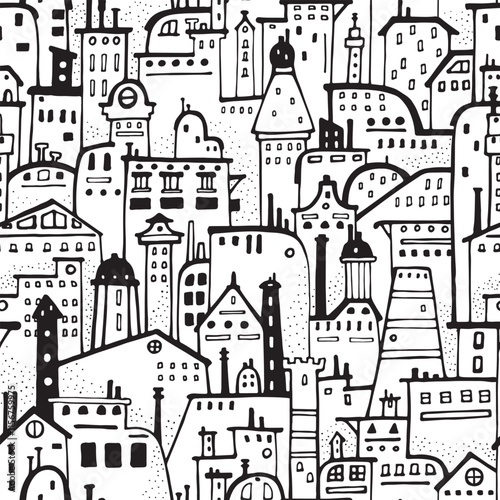 Seamless pattern of houses. Black and white hand drawn vector.