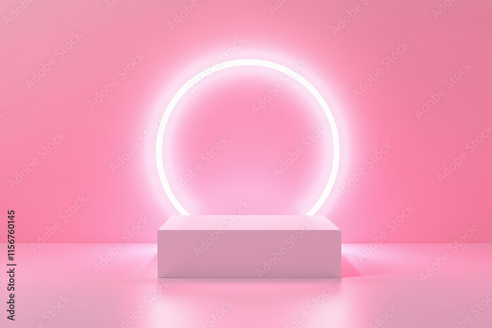 a pink neon light shines in a white pedestal on a pink background