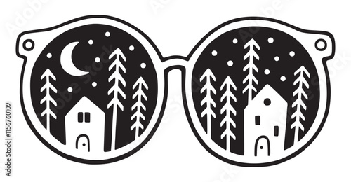 Sunglasses with winter landscapes. Hand drawn vector. Black and white illustration. 
