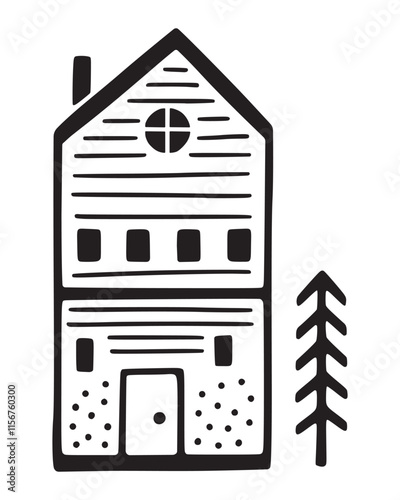 Winter house with Christmas tree. Hand drawn vector. Black and white illustration.
