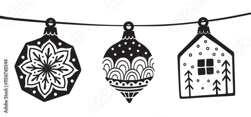 Christmas balls. Hand drawn vector. Black and white illustration.