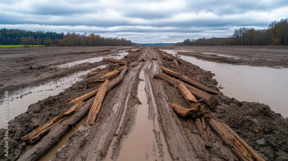 Mud path with logs in a cloudy landscape by a river. Mud path with logs in a cloudy landscape by a river.