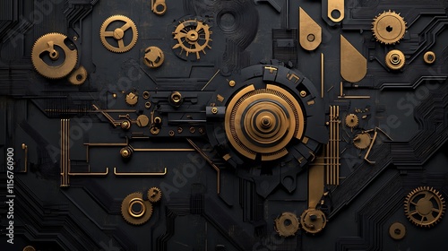 Steampunk Gearworks: A Dark Gold 3D Render of Intricate Machinery AI Generated photo