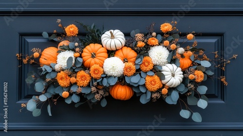 A vibrant autumn-themed arrangement featuring orange and white pumpkins alongside colorful blooms against a dark backdrop, Ideal for seasonal decor, invitations, or marketing materials, photo