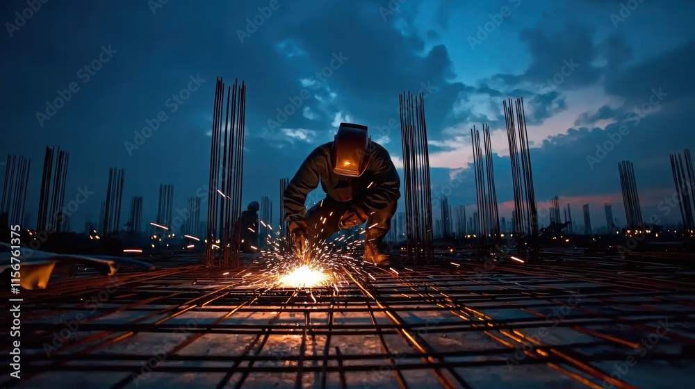 Obraz premium Welder in Protective Gear Working at Dusk with Sparks Flying Around