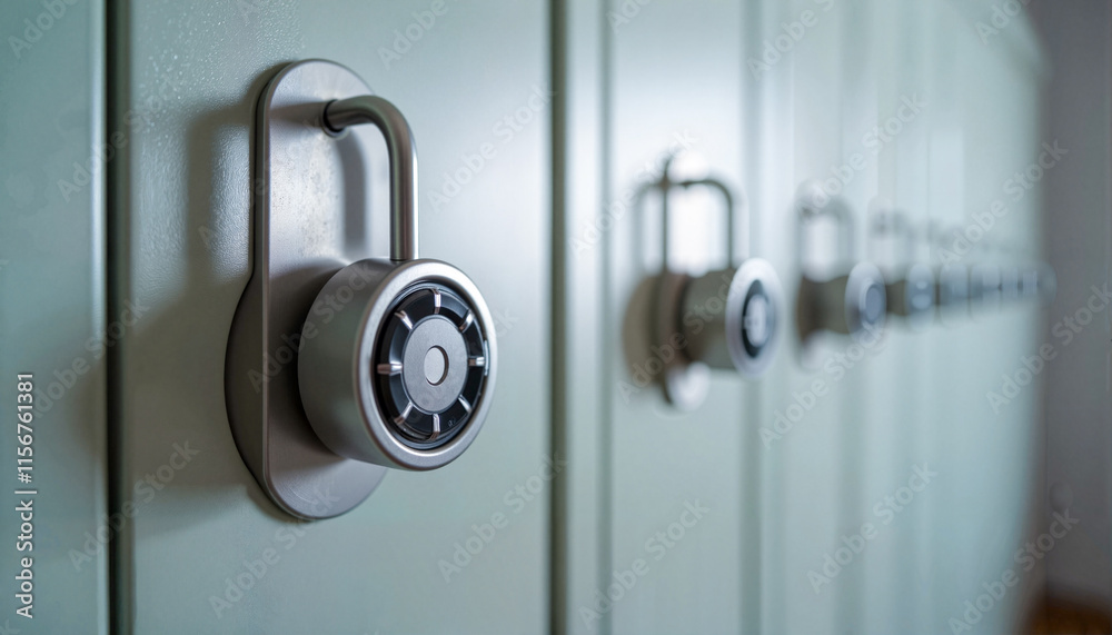 Close-up of combination locks on school lockers, secure mood, school environment concept Close-up of combination locks on school lockers, secure mood, school environment concept