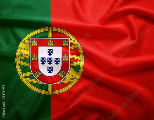 Fotografie Portugal flag wavering in beautiful clouds with building skyline