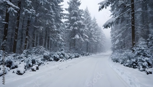 Wallpaper Mural A snowy winter road winds through a serene, snow-kissed forest Torontodigital.ca