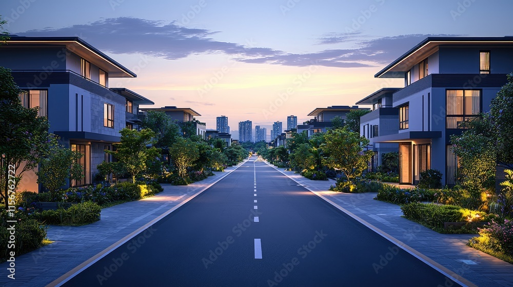 Modern Suburban Street at Dusk with Contemporary Homes and Lush Greenery Leading to a City Skyline in the Distance Modern Suburban Street at Dusk with Contemporary Homes and Lush Greenery Leading to a City Skyline in the Distance