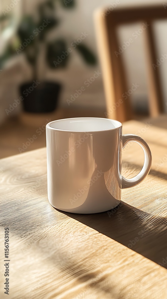 Fototapeta premium Close-up Photo: Sunlit White Mug Mockup on Wooden Table. AI Generated